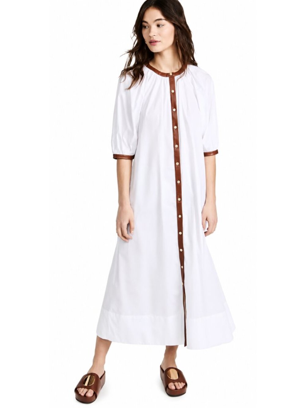 STAUD Vincent Maxi Dress Faux Leather Trimmed Dress White Whiskey Puff Sleeve XL